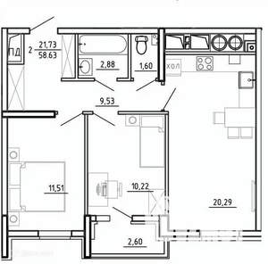 2-к квартира, вторичка, 59м2, 3/26 этаж