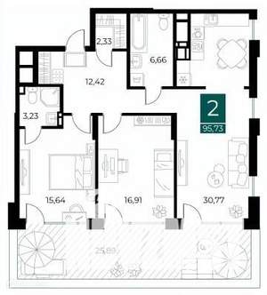 2-к квартира, вторичка, 96м2, 3/14 этаж
