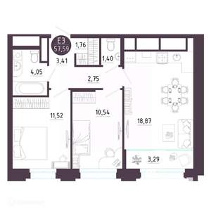 2-к квартира, вторичка, 58м2, 12/19 этаж