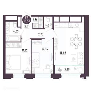 2-к квартира, вторичка, 58м2, 12/19 этаж