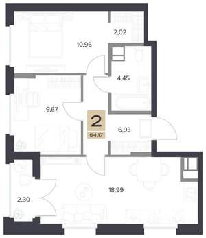 2-к квартира, строящийся дом, 54м2, 9/13 этаж