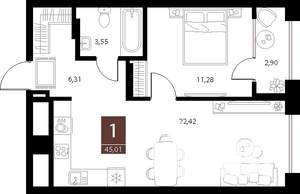 1-к квартира, вторичка, 45м2, 4/15 этаж