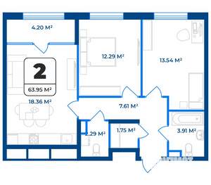 2-к квартира, строящийся дом, 64м2, 6/9 этаж
