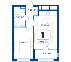 1-к квартира, строящийся дом, 37м2, 2/9 этаж