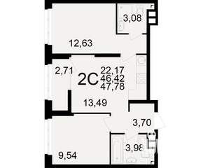 2-к квартира, вторичка, 46м2, 22/25 этаж