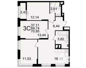 3-к квартира, вторичка, 70м2, 7/25 этаж