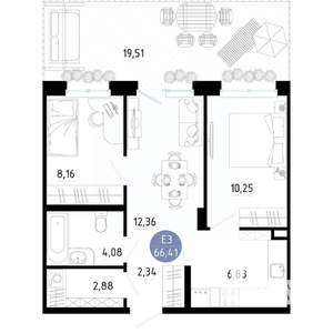 2-к квартира, вторичка, 66м2, 1/14 этаж