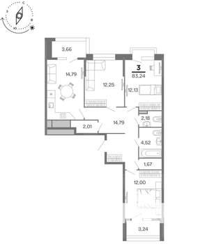 3-к квартира, строящийся дом, 83м2, 6/15 этаж