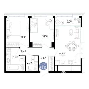 2-к квартира, вторичка, 56м2, 12/20 этаж