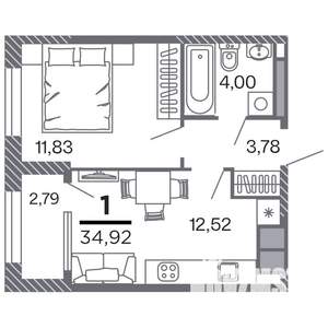 1-к квартира, строящийся дом, 35м2, 13/25 этаж
