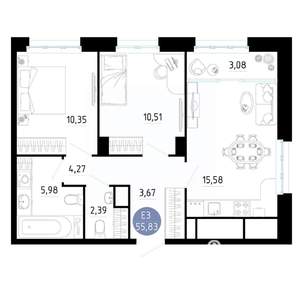 2-к квартира, вторичка, 56м2, 6/20 этаж