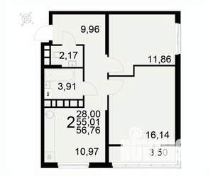 2-к квартира, вторичка, 57м2, 15/22 этаж