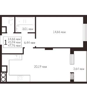 1-к квартира, вторичка, 47м2, 16/26 этаж