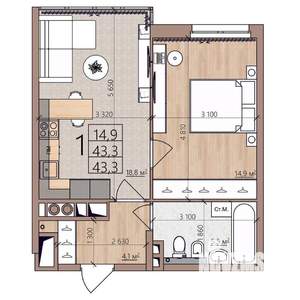 1-к квартира, строящийся дом, 43м2, 5/8 этаж