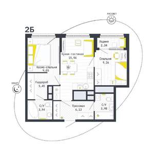 2-к квартира, строящийся дом, 55м2, 1/25 этаж
