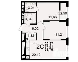 2-к квартира, вторичка, 58м2, 13/25 этаж