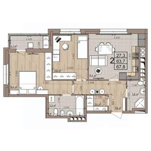 2-к квартира, строящийся дом, 68м2, 8/25 этаж