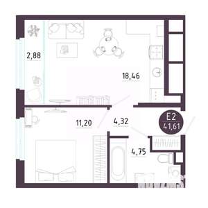 1-к квартира, вторичка, 42м2, 3/18 этаж