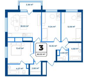 3-к квартира, строящийся дом, 81м2, 2/9 этаж