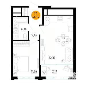 1-к квартира, вторичка, 46м2, 14/25 этаж