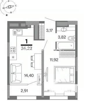 1-к квартира, вторичка, 36м2, 9/25 этаж
