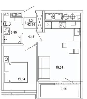 1-к квартира, вторичка, 42м2, 5/26 этаж