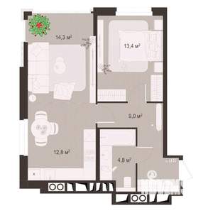 2-к квартира, строящийся дом, 54м2, 3/8 этаж