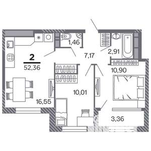 2-к квартира, строящийся дом, 52м2, 11/25 этаж