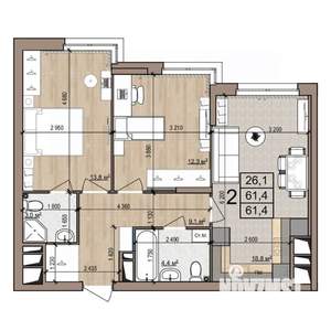 2-к квартира, строящийся дом, 61м2, 6/25 этаж