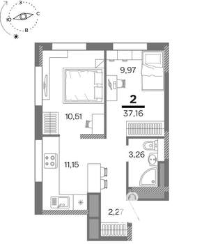 2-к квартира, вторичка, 37м2, 16/25 этаж