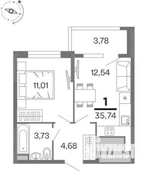 1-к квартира, строящийся дом, 36м2, 3/15 этаж