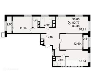 3-к квартира, вторичка, 83м2, 22/24 этаж