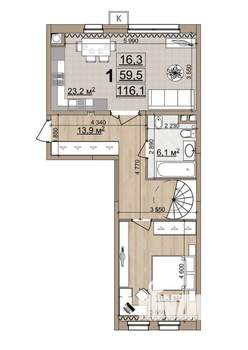 1-к квартира, вторичка, 116м2, 4/4 этаж