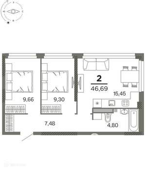 2-к квартира, вторичка, 47м2, 26/27 этаж