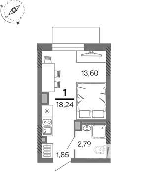 1-к квартира, вторичка, 18м2, 13/25 этаж