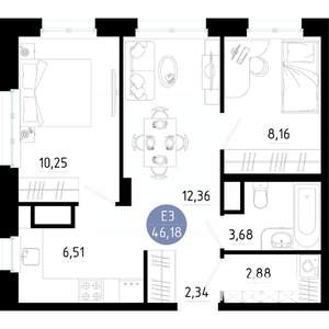 2-к квартира, вторичка, 46м2, 13/14 этаж