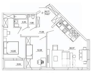 2-к квартира, вторичка, 75м2, 14/26 этаж