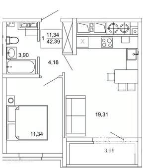 1-к квартира, вторичка, 42м2, 14/26 этаж