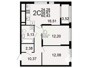 2-к квартира, вторичка, 60м2, 22/26 этаж