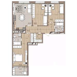 3-к квартира, строящийся дом, 97м2, 6/8 этаж