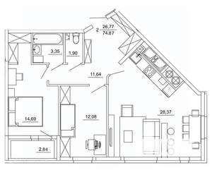 2-к квартира, вторичка, 75м2, 3/26 этаж