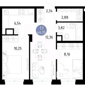2-к квартира, вторичка, 46м2, 5/14 этаж
