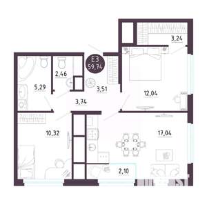 2-к квартира, вторичка, 60м2, 4/18 этаж