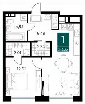 1-к квартира, вторичка, 50м2, 3/13 этаж