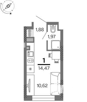 1-к квартира, вторичка, 14м2, 6/25 этаж