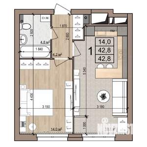 1-к квартира, строящийся дом, 43м2, 2/25 этаж