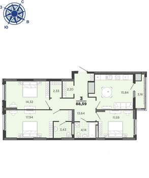 3-к квартира, вторичка, 89м2, 21/25 этаж