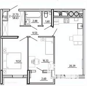 2-к квартира, вторичка, 59м2, 19/26 этаж