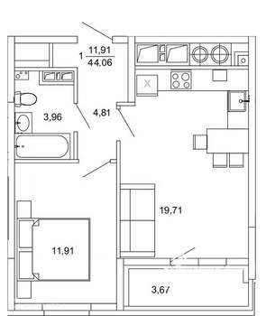 1-к квартира, вторичка, 44м2, 6/26 этаж