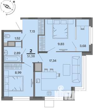 2-к квартира, вторичка, 51м2, 9/22 этаж